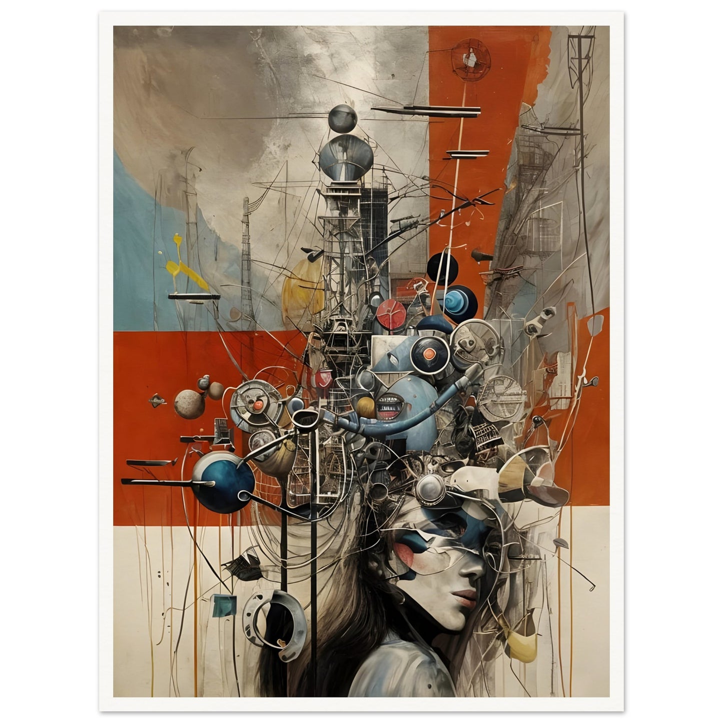 A surreal cybernetic composition featuring a woman's face partially obscured by an intricate network of mechanical parts, wires, and futuristic elements in a dystopian landscape.