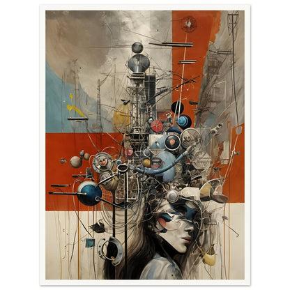 A surreal cybernetic composition featuring a woman's face partially obscured by an intricate network of mechanical parts, wires, and futuristic elements in a dystopian landscape.