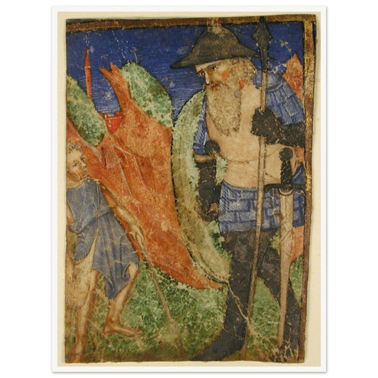 David stands beside  Goliath in a medieval manuscript scene with vivid red, blue, green, and gold details.