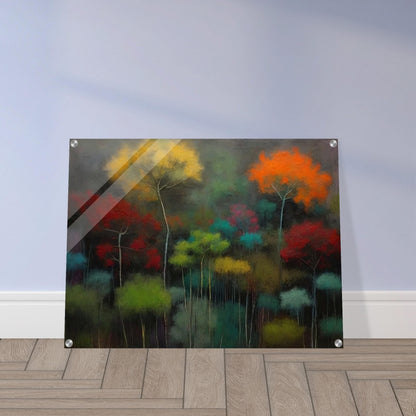 A mystical painting depicting a forest with trees in vibrant colors. The foliage is painted in shades of yellow, orange, red, green, and teal, against a dark and moody background, creating a surreal and dreamlike atmosphere.