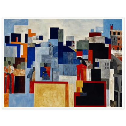 A vibrant abstract painting depicting a cityscape with various geometric shapes and colors, highlighting figures and buildings in red, blue, and gray tones.