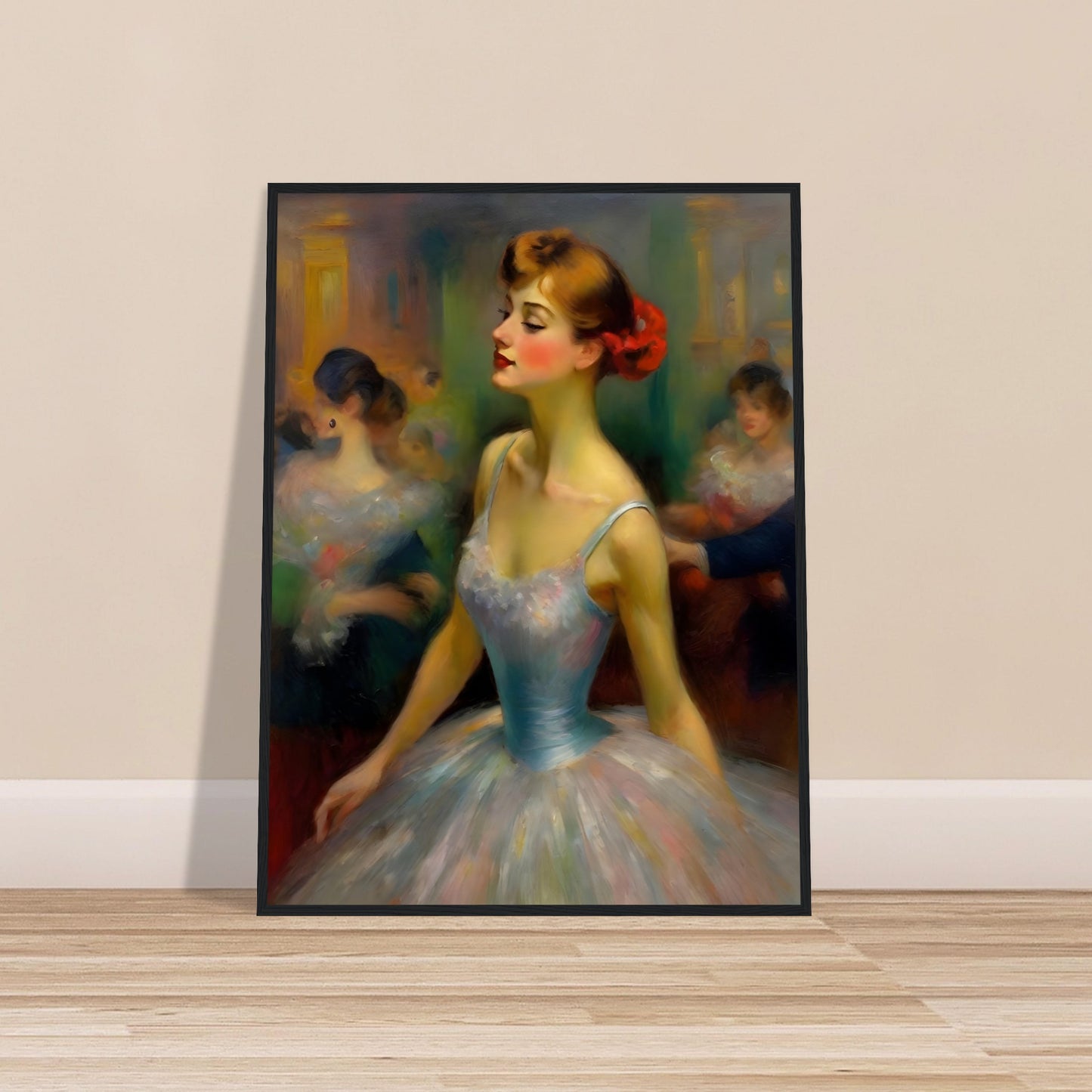 A captivating portrait of a ballerina in a pastel gown with a red flower in her hair, exuding grace and elegance in a dimly lit ballroom.