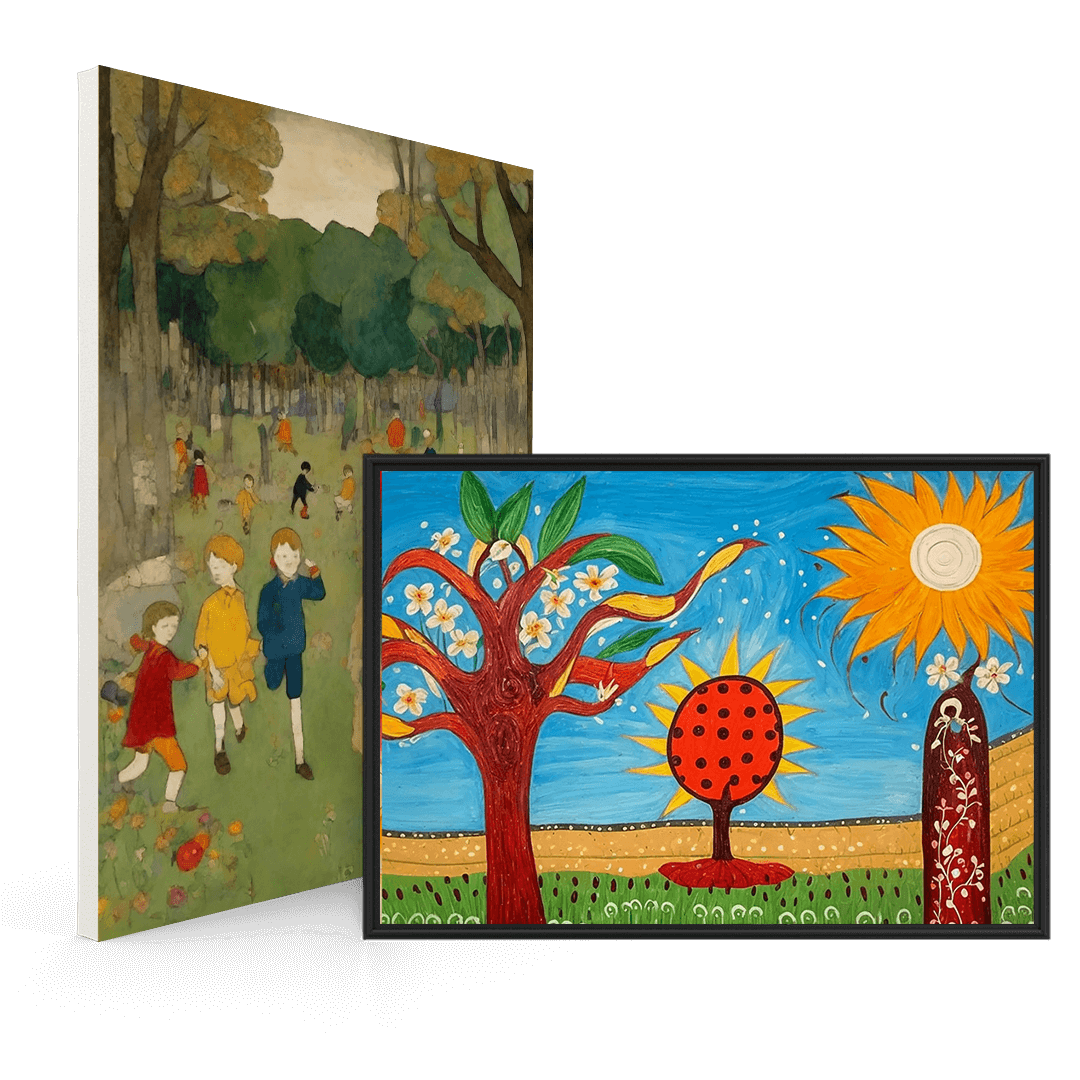 Set of two playful art prints featuring a children's forest scene and a whimsical landscape with colorful trees and suns, perfect for a nursery.