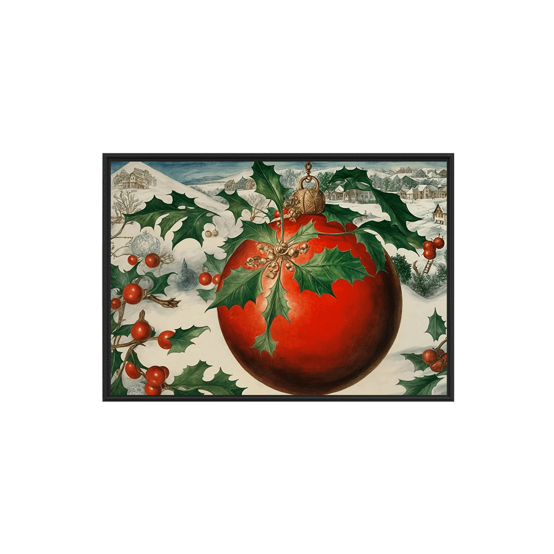 Festive Christmas art featuring a large red ornament with holly leaves and berries, set against a snowy village landscape, capturing holiday spirit.