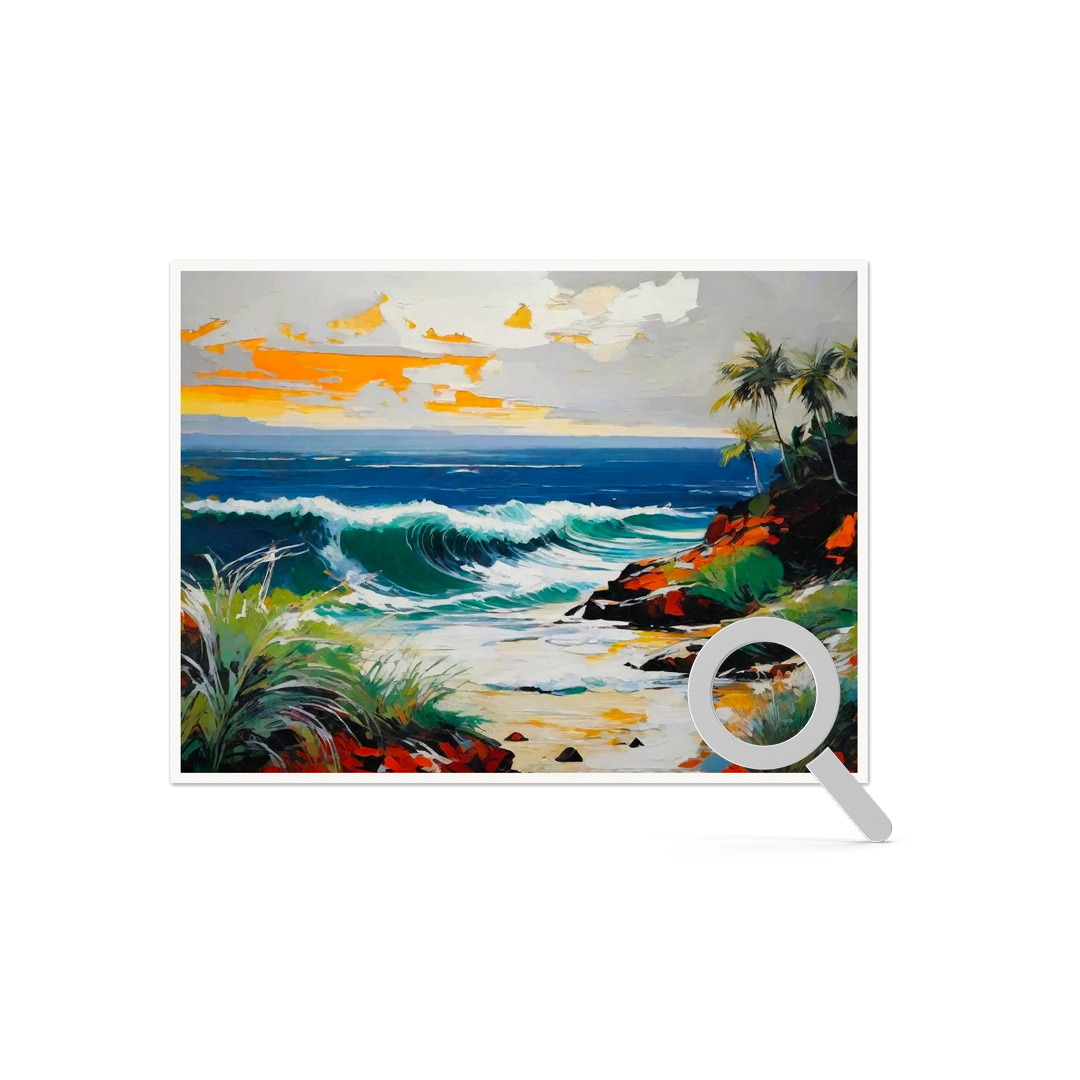 Vibrant coastal landscape painting showcasing waves crashing against a rocky shoreline with palm trees, set against a sunset sky, displayed in a search result view.