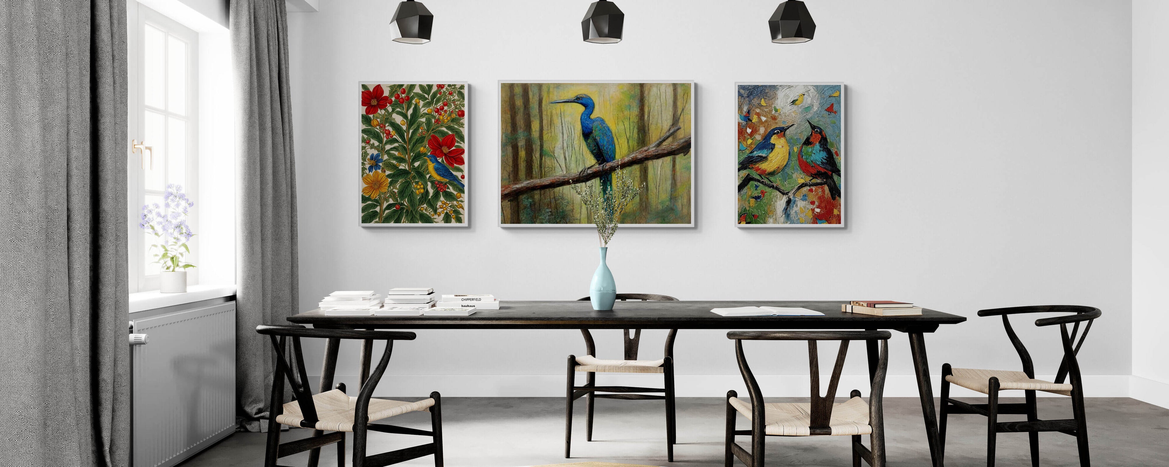 Dining area with three colorful bird wall art pieces displayed above a black table and chairs, creating a vibrant and modern interior design.