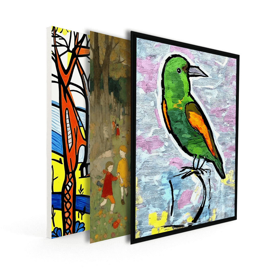 Trio of playful nursery art prints featuring a vibrant bird illustration, forest scenes, and whimsical nature designs, ideal for children's room decor.