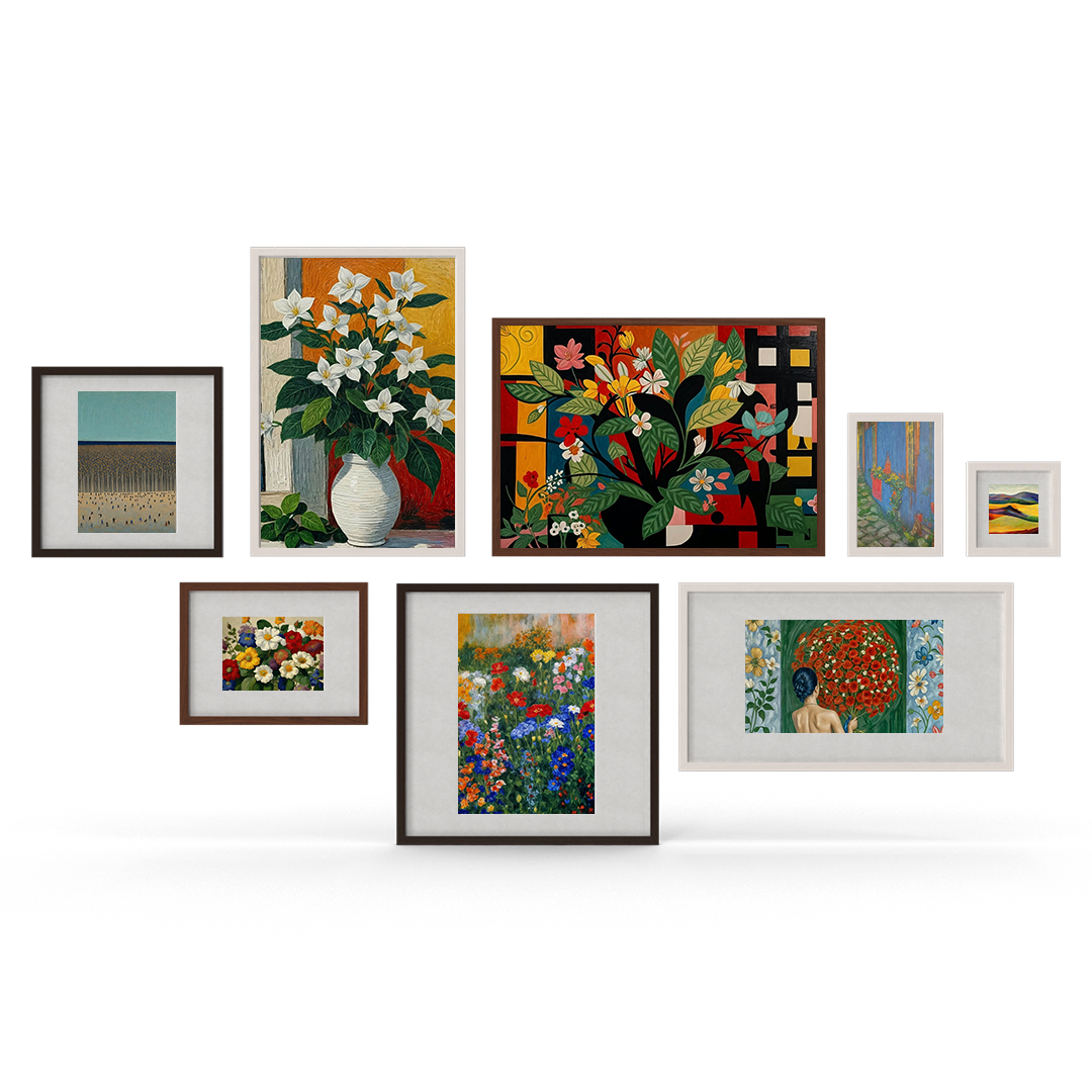 Gallery wall featuring a collection of framed artworks, including floral paintings, abstract designs, landscapes, and a portrait, arranged in a visually pleasing layout.