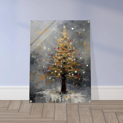 A serene painting of a Christmas tree glowing with golden and red lights, set against a misty gray background and a snowy base.