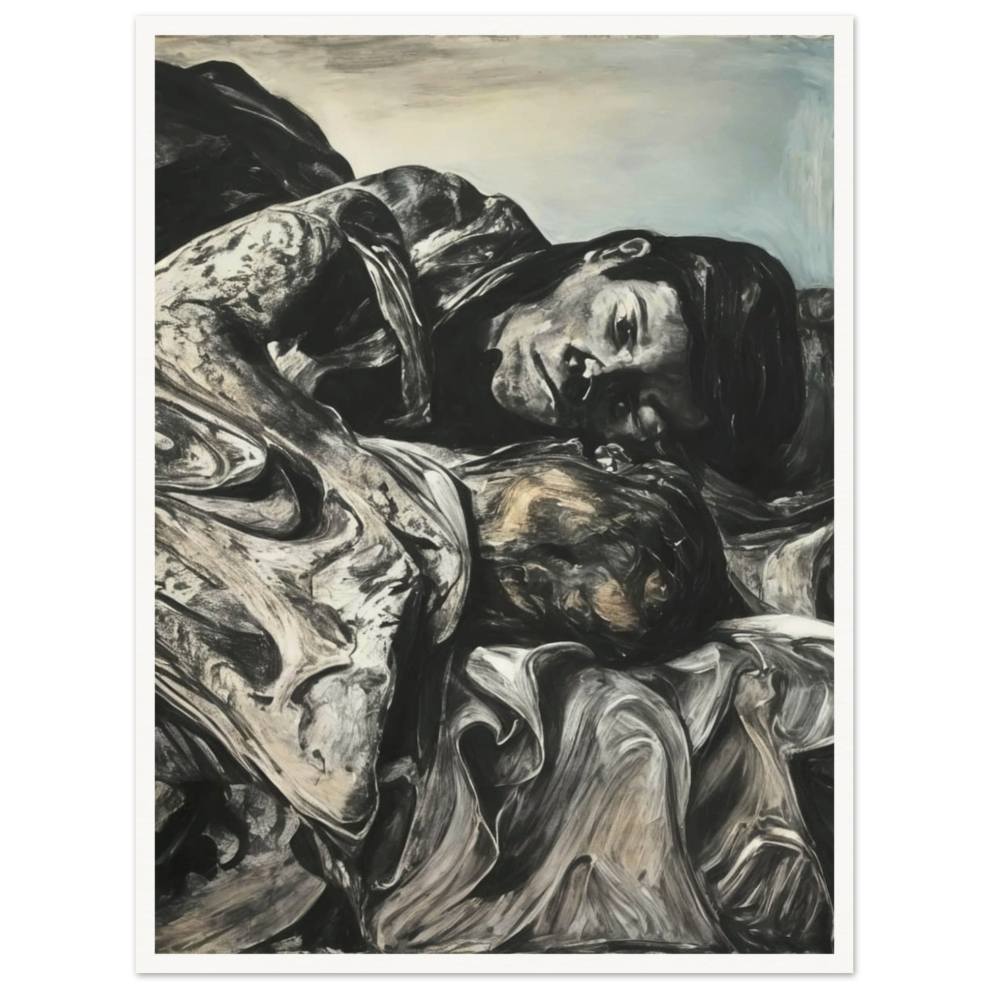 A haunting black-and-white painting of two figures embracing in a solemn moment, surrounded by textured folds of fabric.