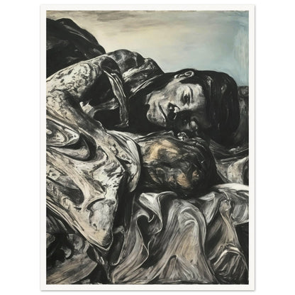 A haunting black-and-white painting of two figures embracing in a solemn moment, surrounded by textured folds of fabric.