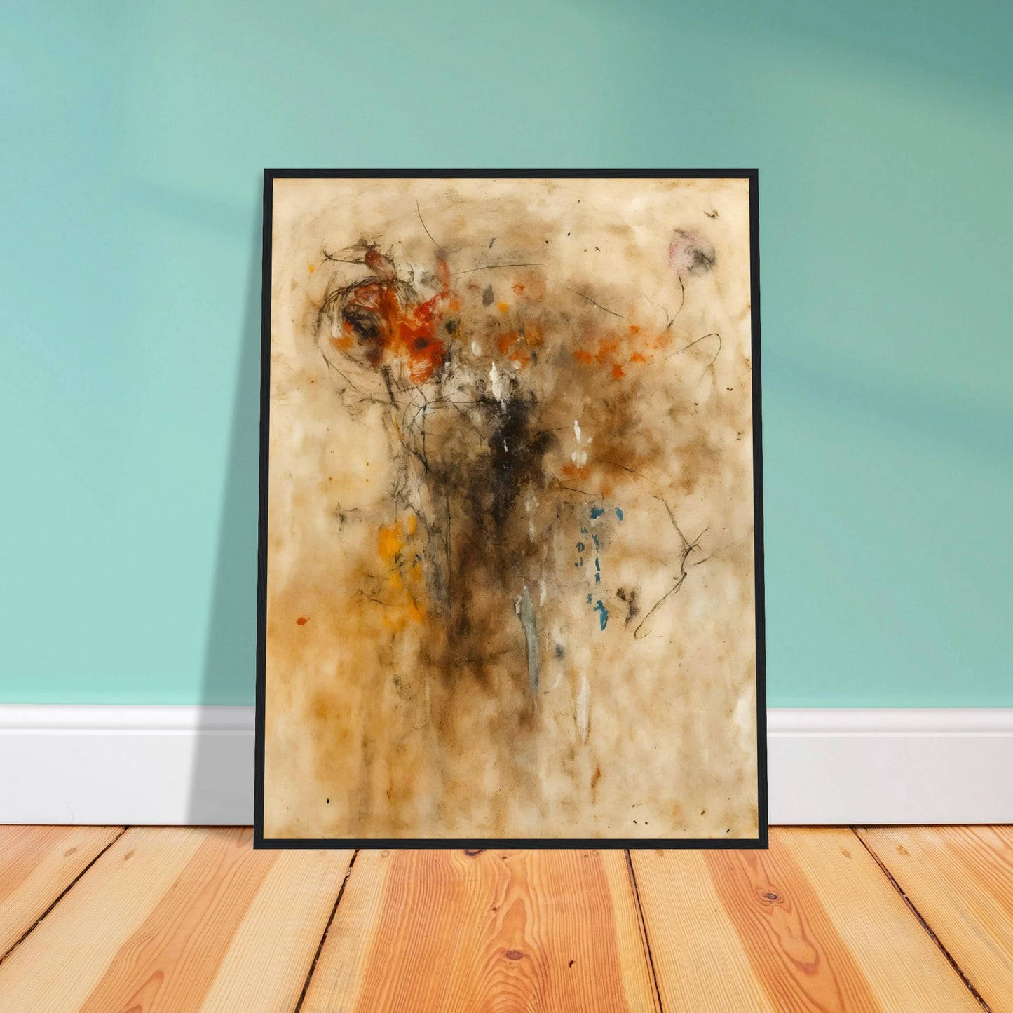 An expressive abstract painting featuring gestural lines, smoky textures, and warm earth-toned washes. Hints of a human-like form emerge from layered marks of black, rust, cream, and subtle blue against a parchment-colored background.