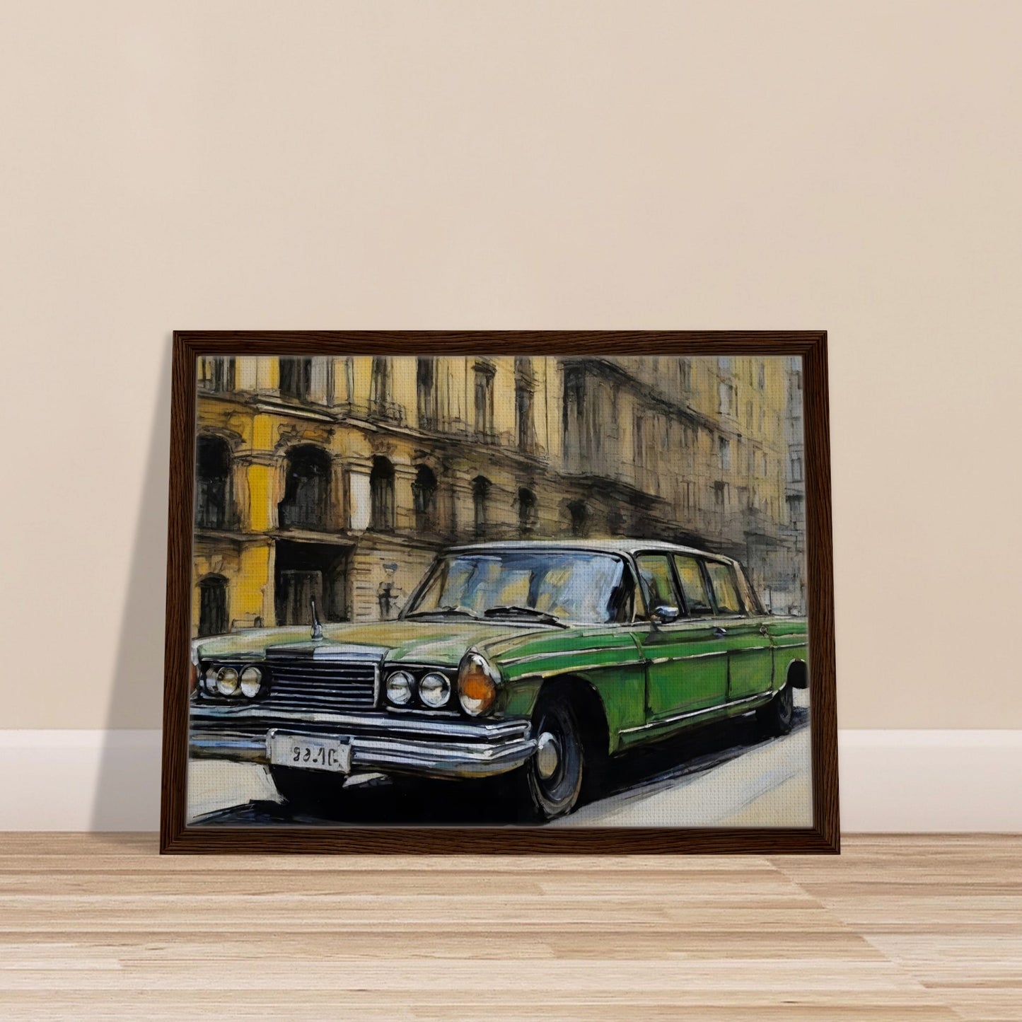 A striking painting of a green vintage car parked on a city street, surrounded by historic yellow buildings with intricate details.