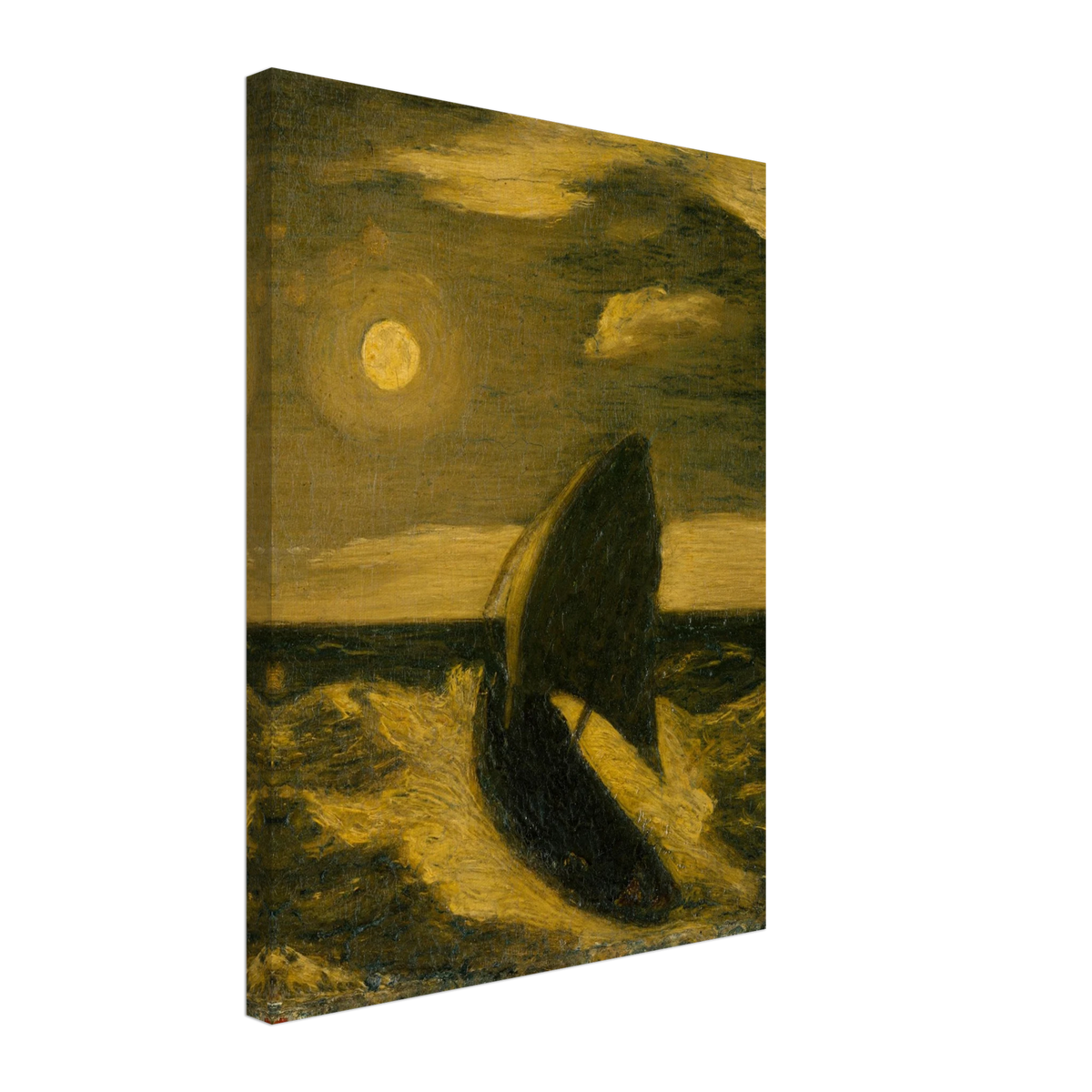 A dark sailboat rides a moonlit sea under golden clouds and a glowing full moon.