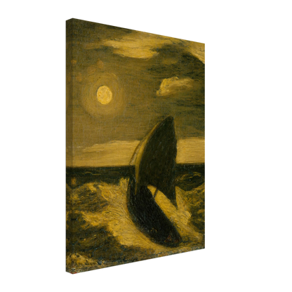 A dark sailboat rides a moonlit sea under golden clouds and a glowing full moon.