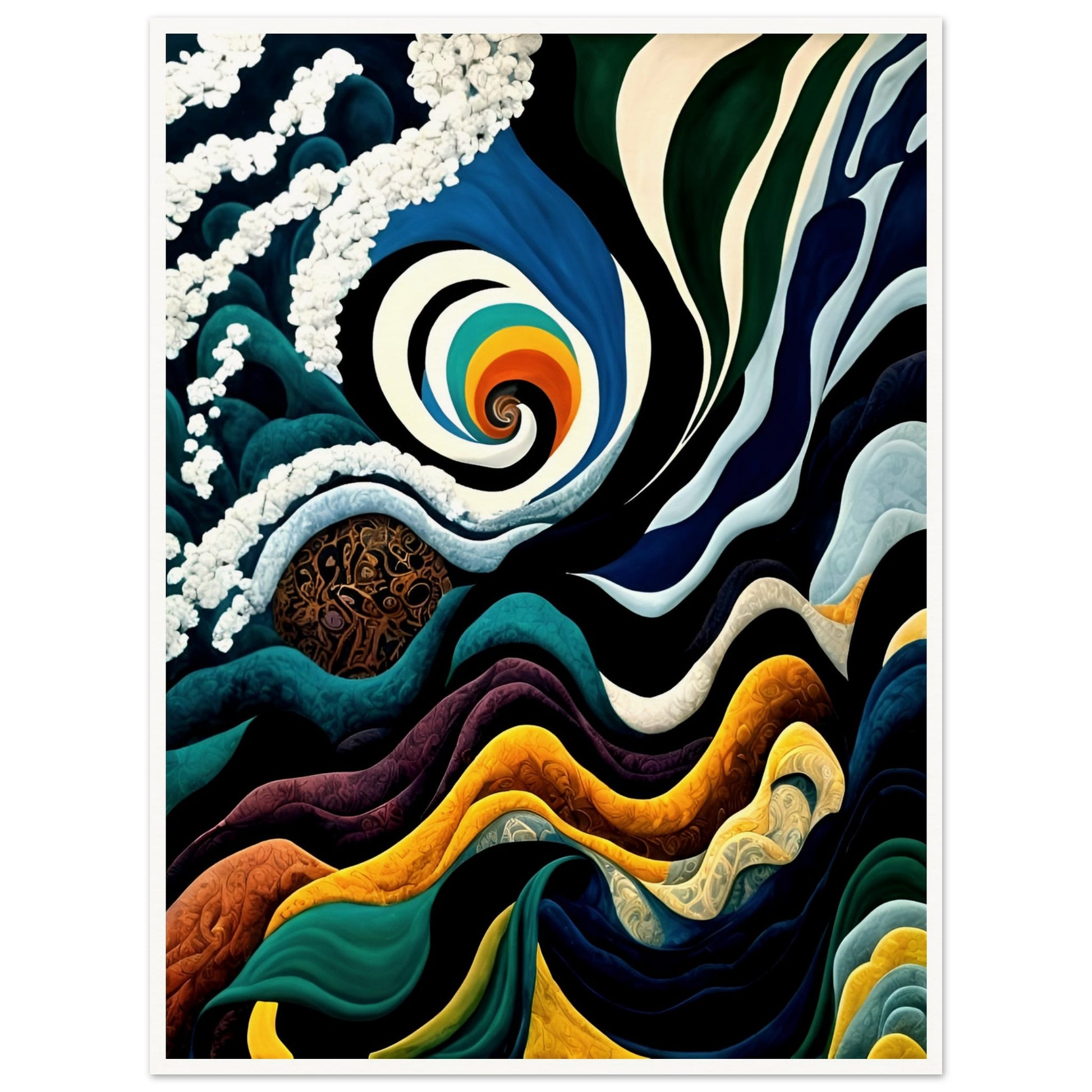 A mesmerizing painting of swirling waves, a spiraling rainbow vortex, and cosmic elements, blending deep blues, golds, and intricate patterns.