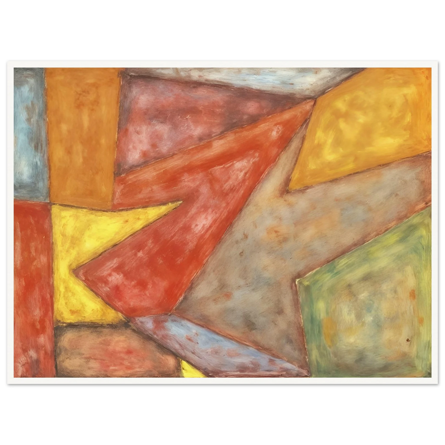 Warm red, yellow, green, and gray planes overlap in a softly textured modern composition.