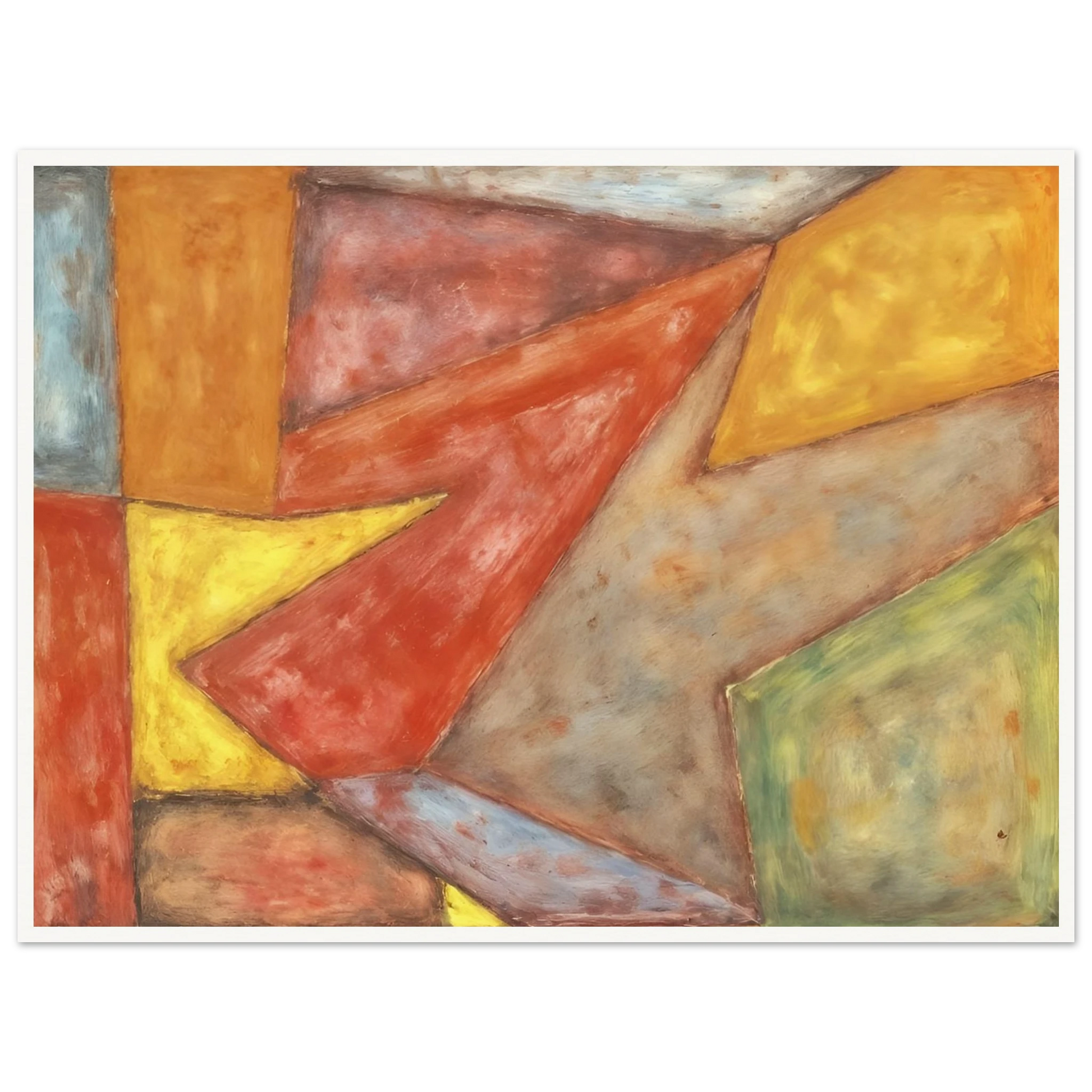 Warm red, yellow, green, and gray planes overlap in a softly textured modern composition.