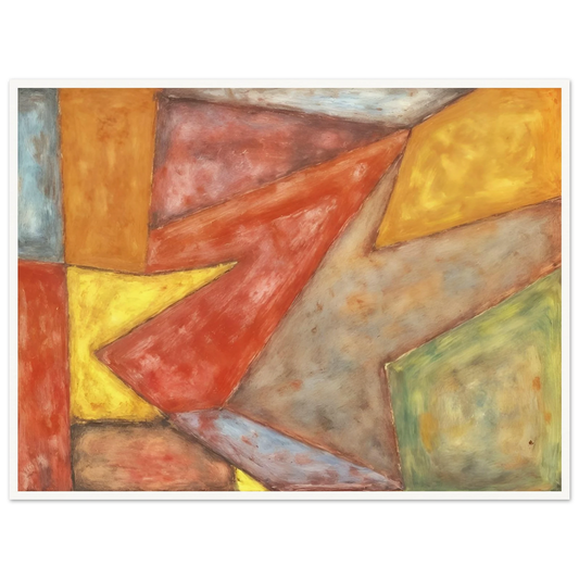 Warm red, yellow, green, and gray planes overlap in a softly textured modern composition.