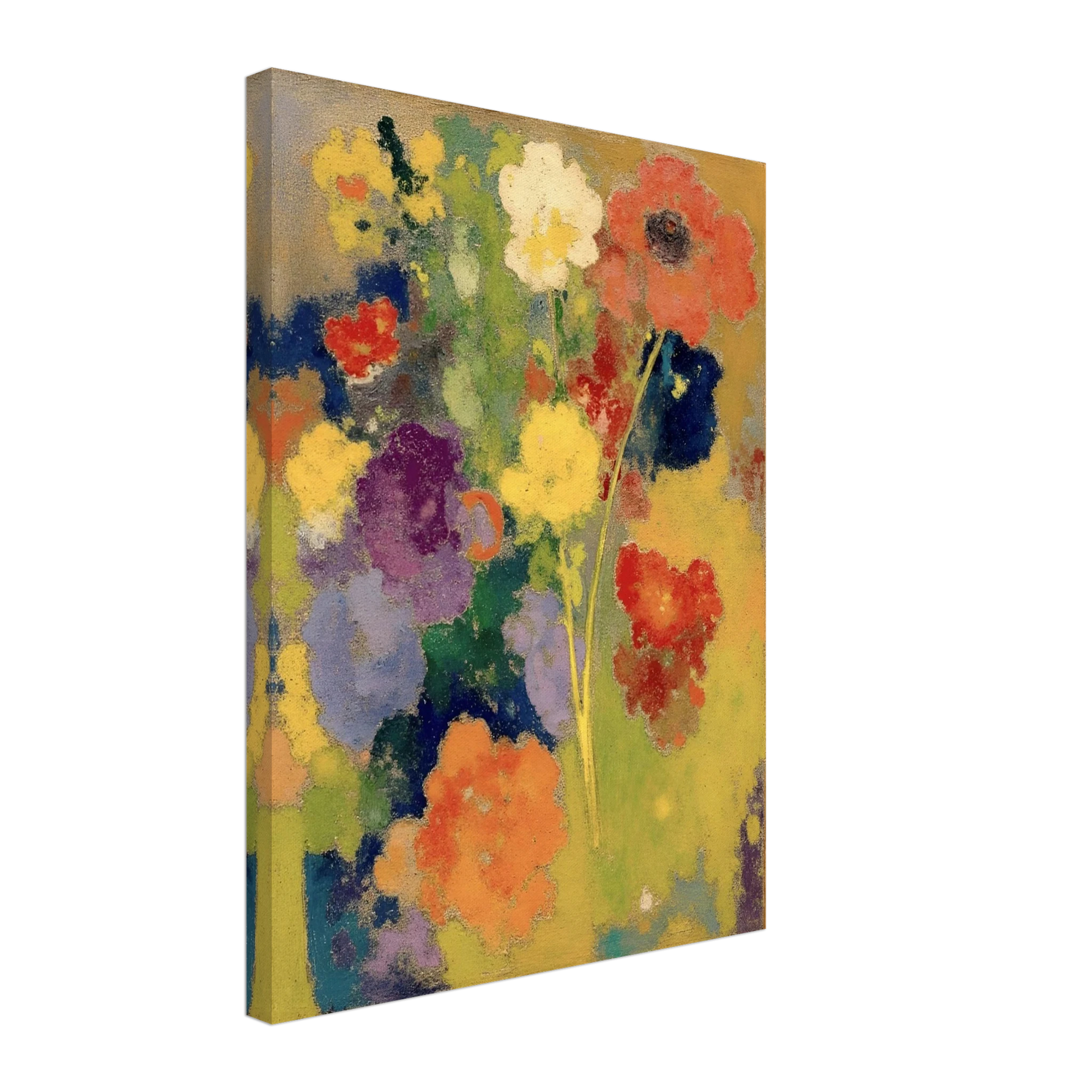 Soft garden flowers in red, white, yellow, purple, and orange bloom against a warm golden field.