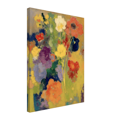 Soft garden flowers in red, white, yellow, purple, and orange bloom against a warm golden field.