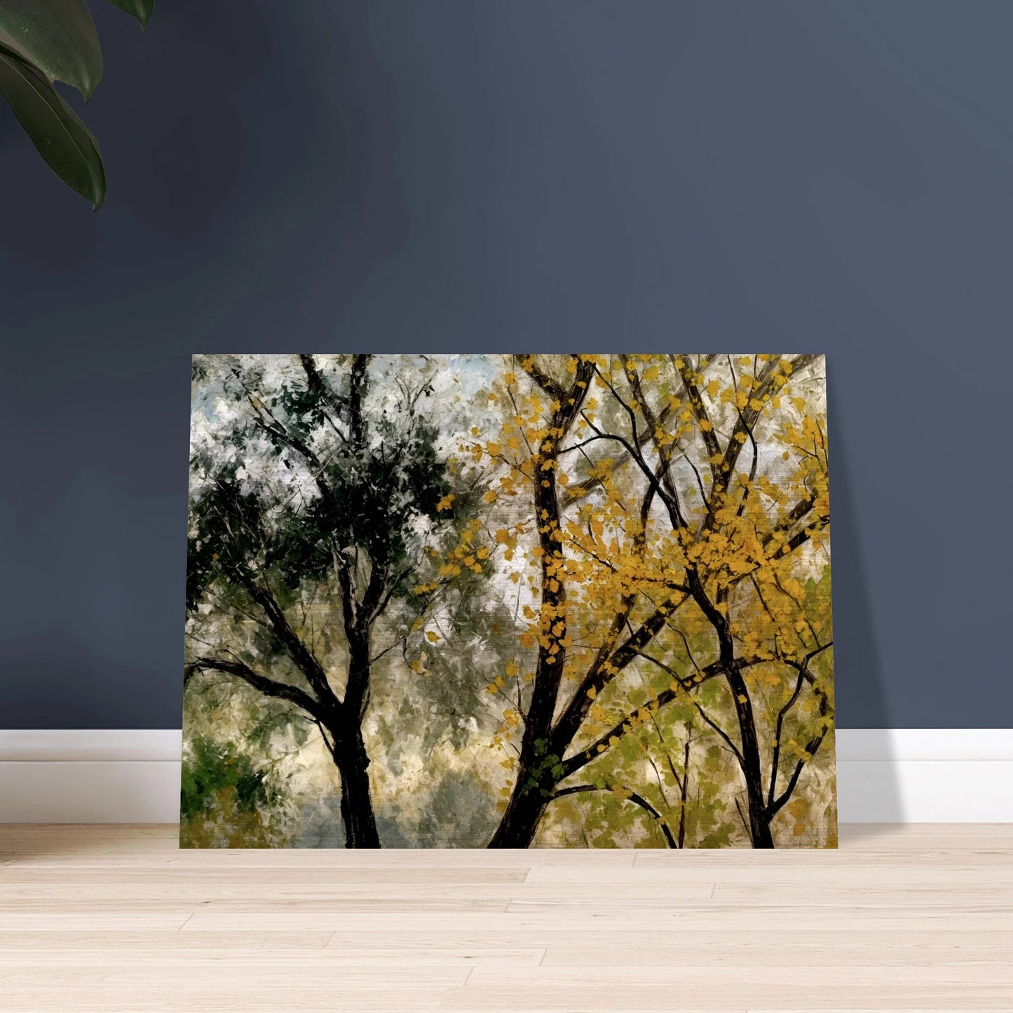 Two tall trees, one with golden yellow leaves and one with dark green foliage, stand against a softly textured sky.