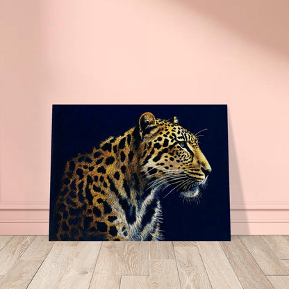 A detailed painting of a leopard against a dark background, showcasing its beautiful spotted coat and intense gaze.