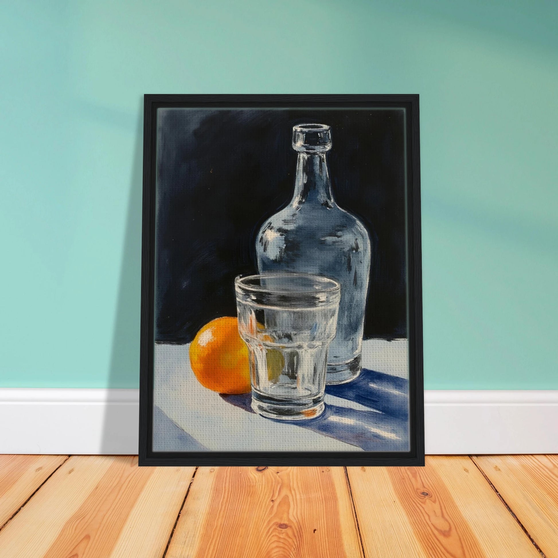 A clear glass, bottle, and orange sit on a sunlit surface, casting soft shadows against a dark background.
