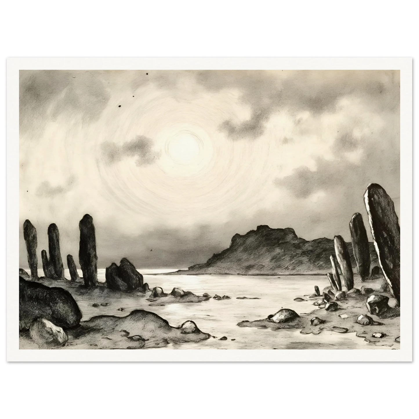 Monochrome dreamscape of towering stone formations beside a tranquil shore beneath a glowing celestial sky, evoking mystery and timeless solitude.