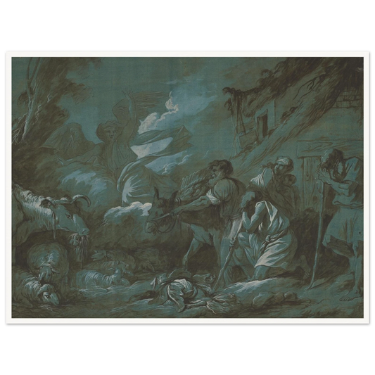 An angel appears above startled shepherds and animals in a dramatic blue-toned night scene.