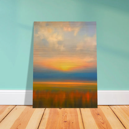 Golden sunset melts into blue horizon above blurred amber fields, creating a tranquil dreamscape of warmth and fading light.