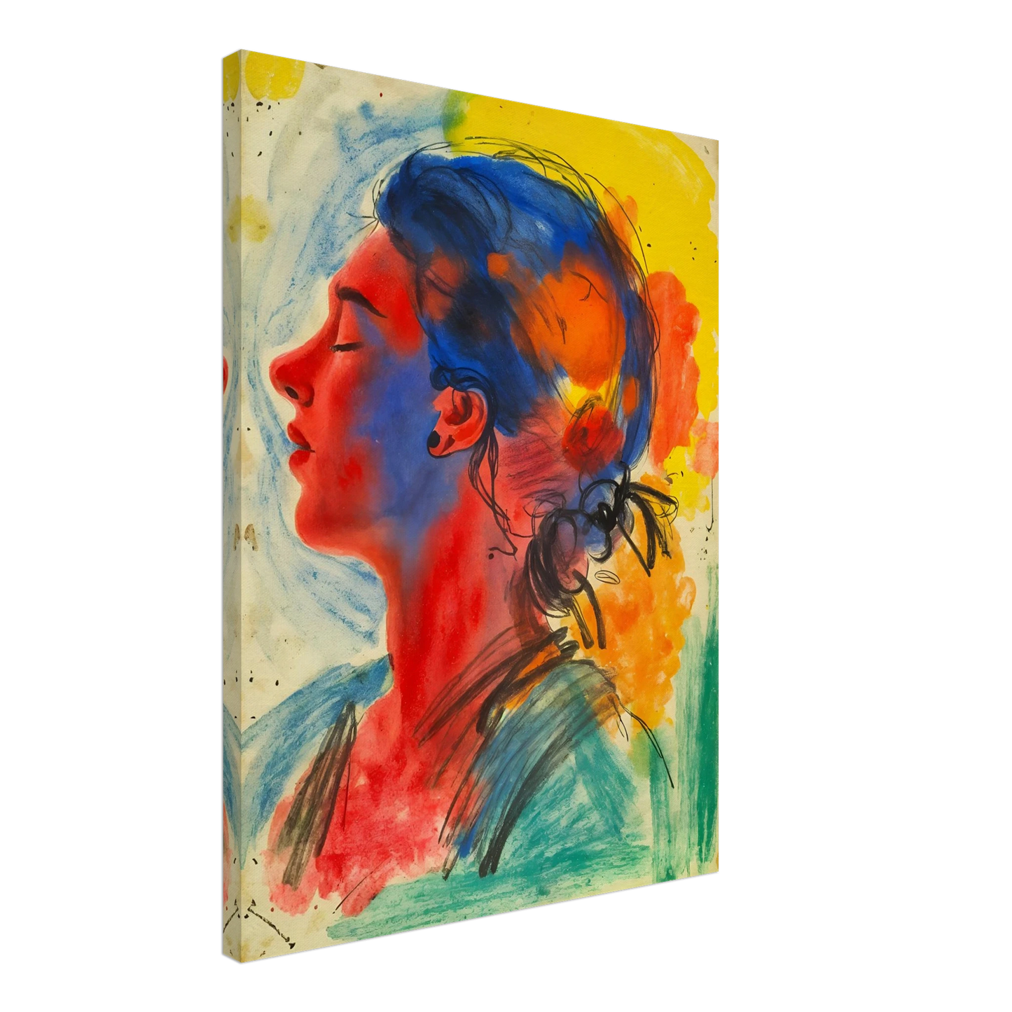Vivid portrait of a serene woman in profile rendered with expressive blue, red, yellow, and orange washes against a luminous backdrop.