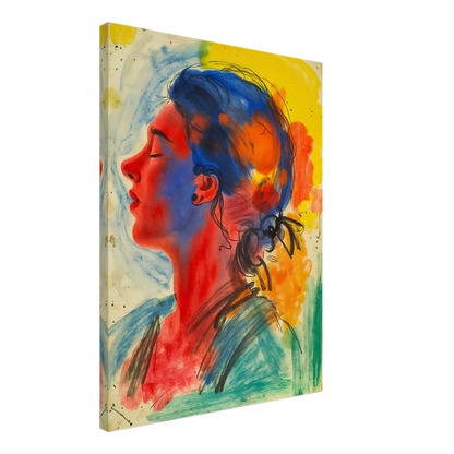 Vivid portrait of a serene woman in profile rendered with expressive blue, red, yellow, and orange washes against a luminous backdrop.