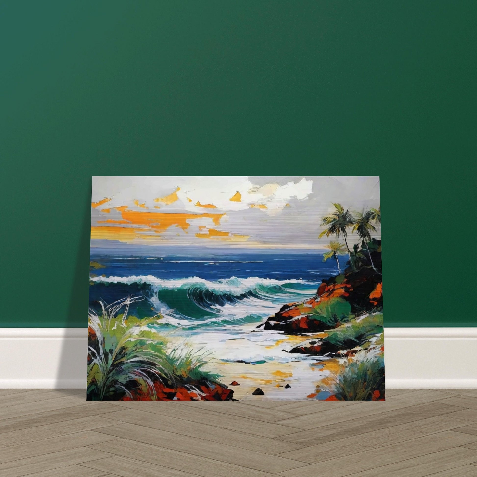 A vibrant painting of an ocean wave crashing onto a rocky coastline with palm trees and a colorful sky at sunset, exuding serenity.