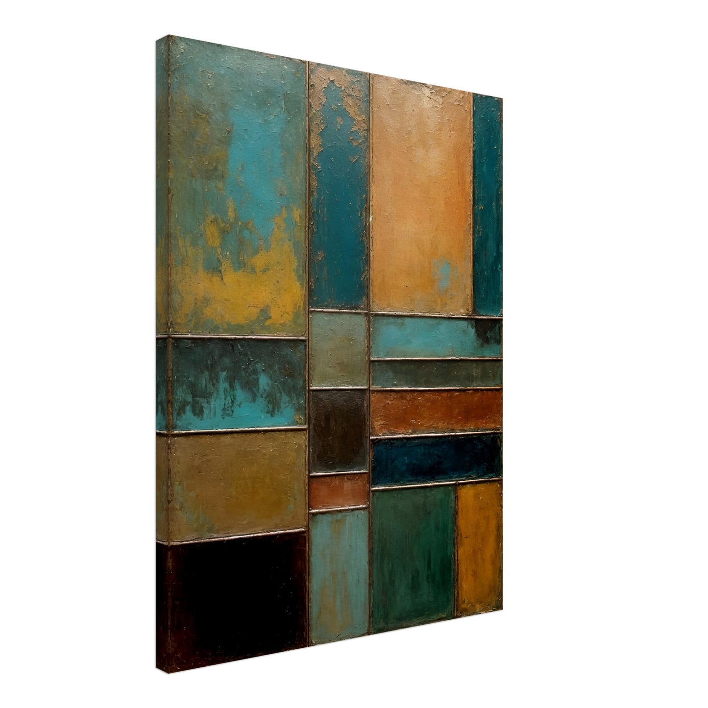 A textured abstract painting featuring geometric panels in shades of turquoise, rust, gold, and black, resembling weathered metal and patina.