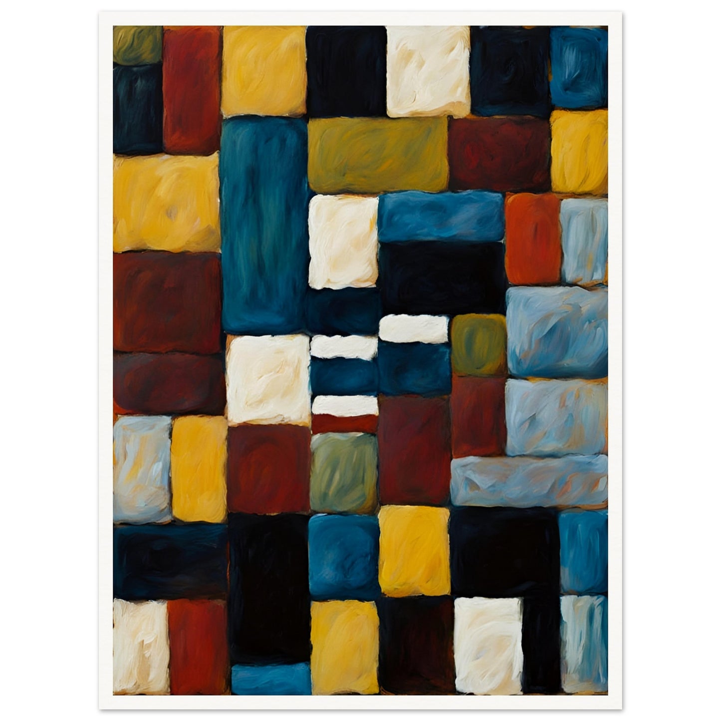 A rich, textured geometric painting featuring interlocking squares and rectangles in deep blue, gold, red, and black, creating a bold composition.