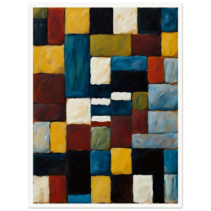 A rich, textured geometric painting featuring interlocking squares and rectangles in deep blue, gold, red, and black, creating a bold composition.