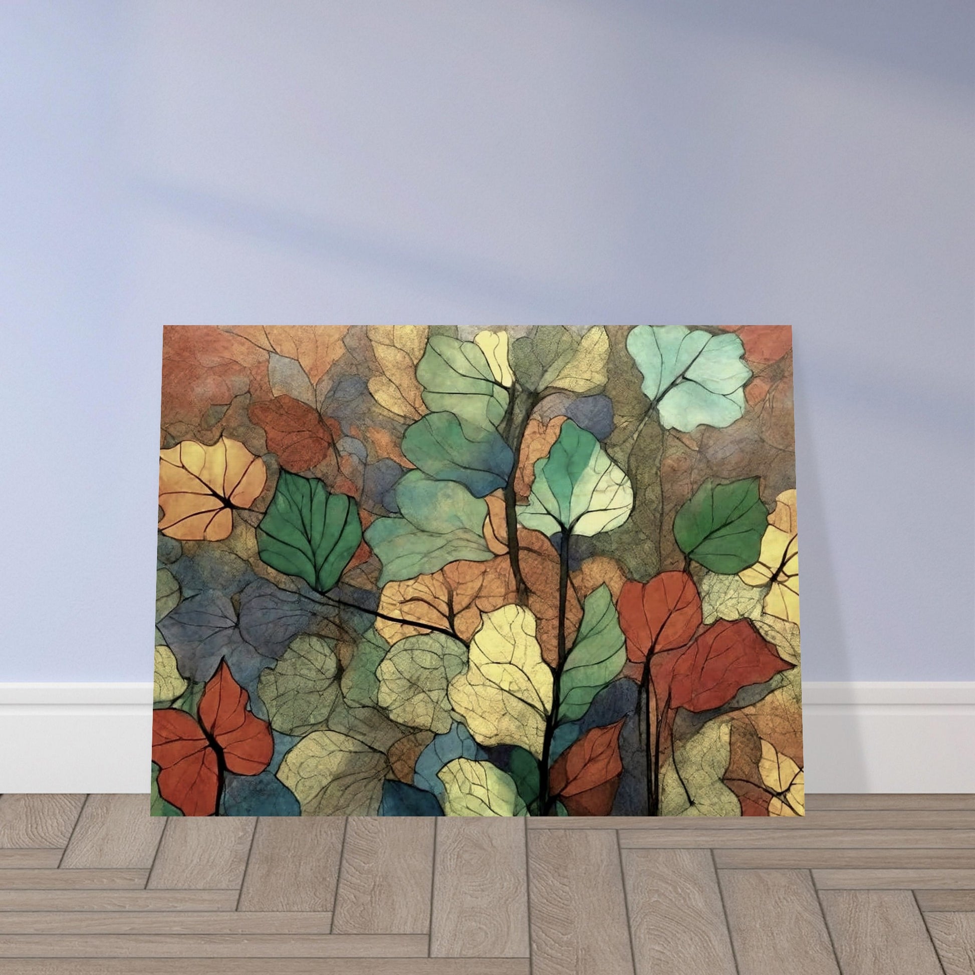 A colorful composition of overlapping leaves in shades of green, yellow, orange, and blue, creating a delicate and textured pattern that evokes the beauty of nature.