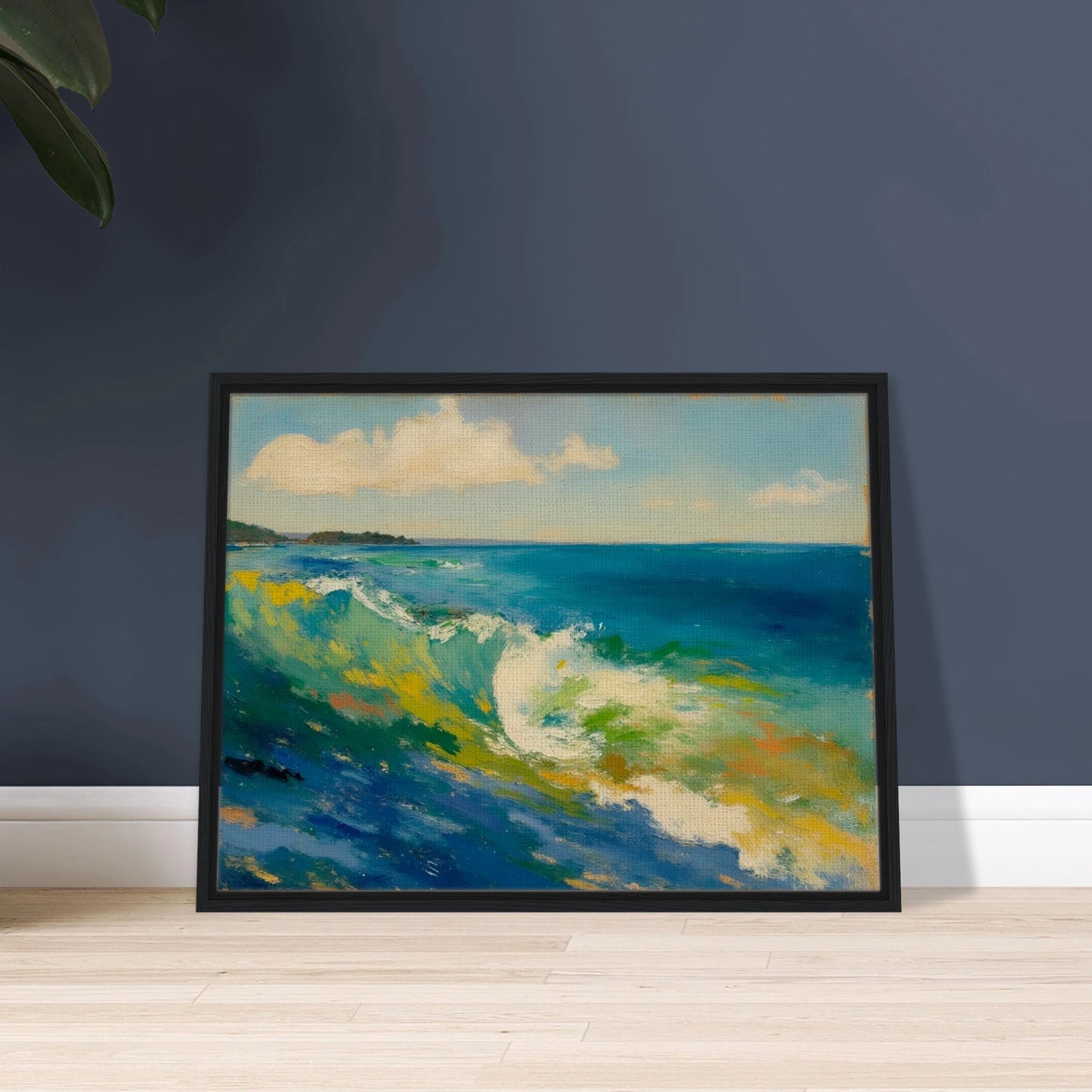 A rolling turquoise wave curls beneath soft clouds, with sunlight dancing across vibrant coastal waters.