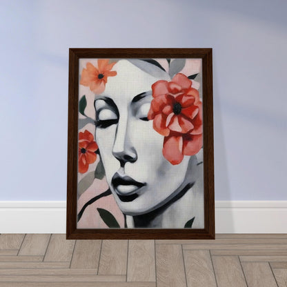 "A delicate portrait of a woman’s face with her eyes closed, surrounded by soft red and orange flowers, blending calm expression with floral beauty."