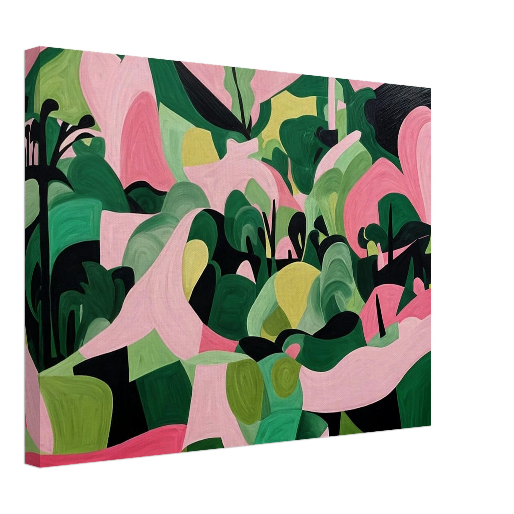 "An abstract painting filled with organic green and pink shapes, resembling a vibrant landscape of rolling hills and trees in a surreal, geometric style."