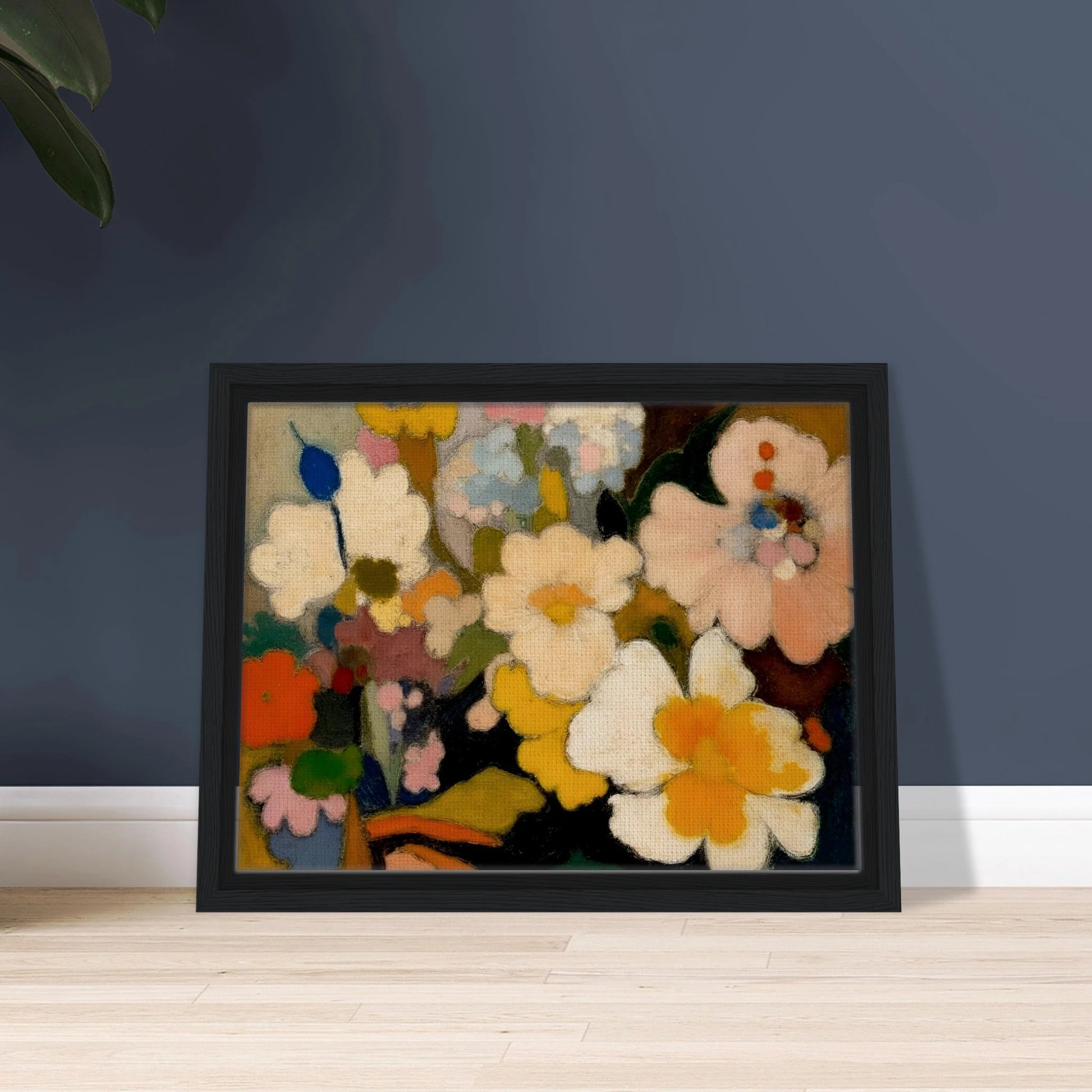 Soft floral forms in cream, yellow, pink, and blue gather in a dreamy bouquet filled with warmth and charm.