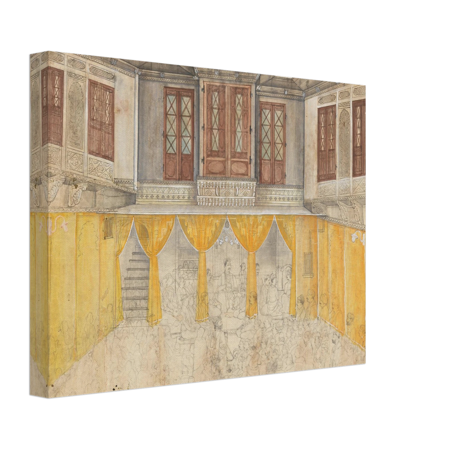 A crowded school gathering fills an ornate Indian courtyard with carved balconies and warm yellow walls.