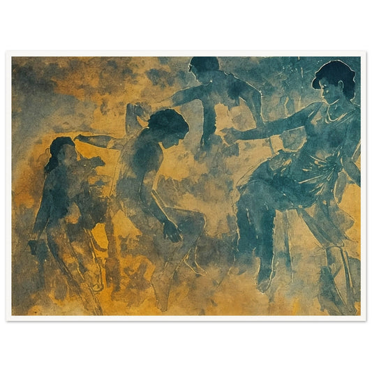 A serene artwork featuring ethereal figures in motion, rendered in soft hues of blue and gold. The dancers appear to be gracefully interacting with one another, evoking a sense of harmony and fluidity.