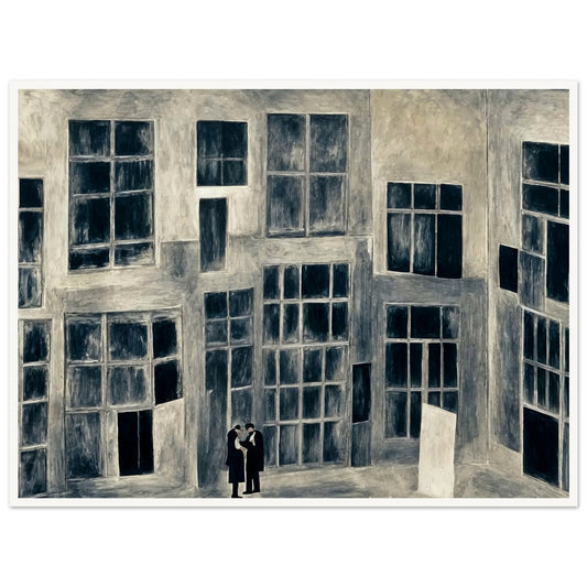 A monochromatic painting depicting two figures conversing in front of towering, darkened windows of a large building, creating a sense of isolation and urban solitude.