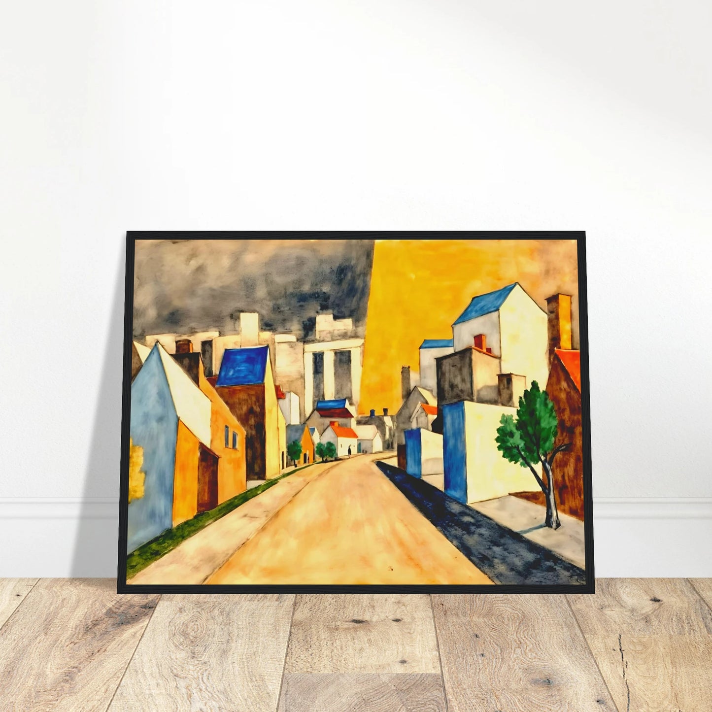 An expressionist townscape featuring a winding street lined with white and golden buildings, vivid blue rooftops, green trees, and a dramatic yellow sky contrasted by dark clouds.