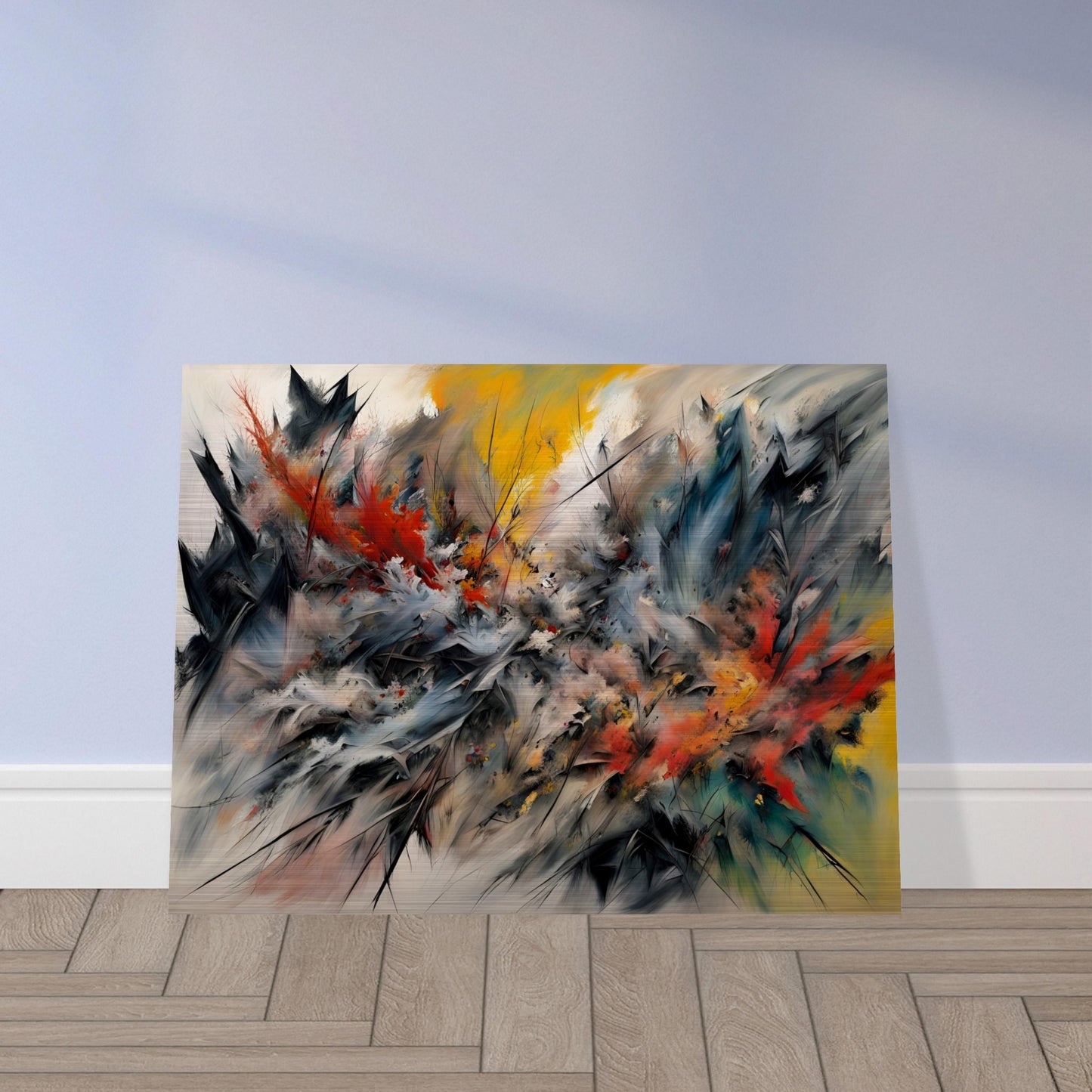 A striking painting with energetic brushstrokes of fiery red, deep blue, and golden yellow, resembling an intense natural explosion.