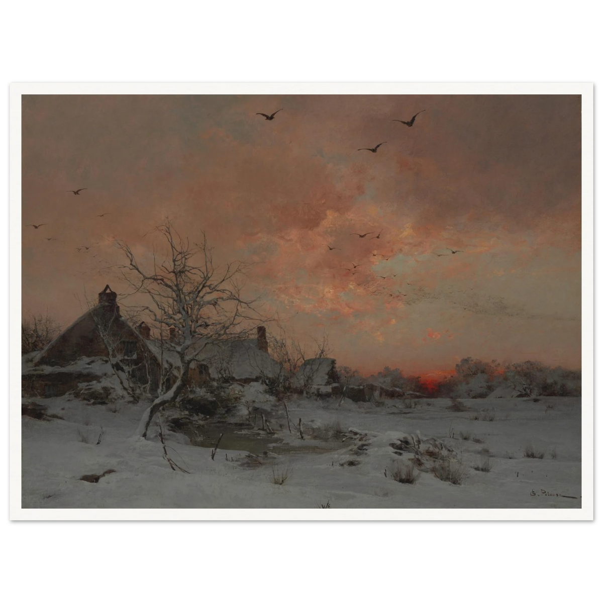A snowy village at sunset with bare trees, birds in flight, and a pink-orange winter sky.