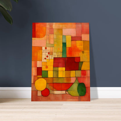 A warm-toned geometric composition with a grid of red, orange, yellow, and green shapes, creating a dynamic mosaic of color and texture.