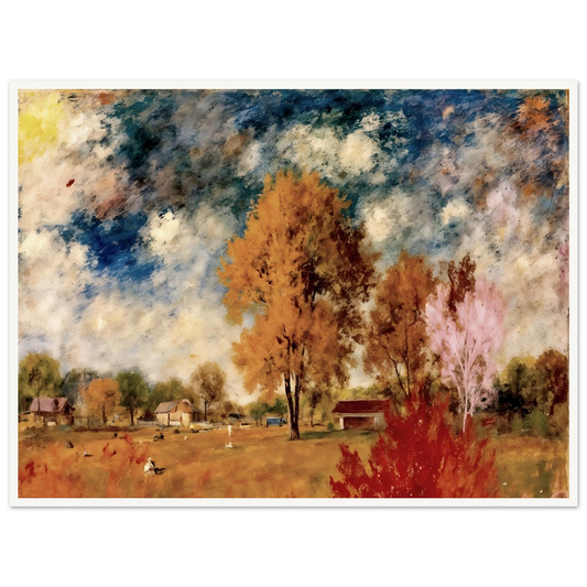 A pastoral countryside scene with autumn trees, rustic homes, golden fields, and dramatic blue skies painted in soft textured strokes.